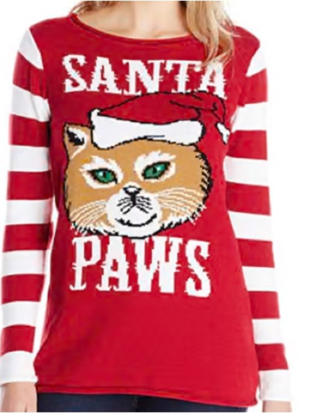 Ugly Christmas Sweater Red White 'Santa Paws' Cat Crewneck